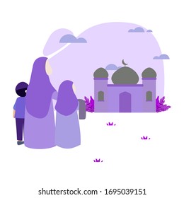 Muslim Family Goes To The Mosque Premium Vector