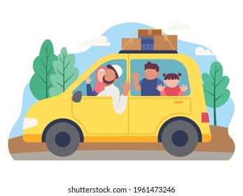 Muslim family goes on holiday using a car. Family goes to home village to celebrate Eid Mubarak. Vector illustration in a flat style