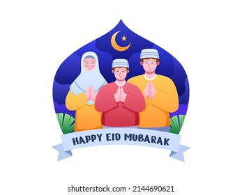 Moslemische Familie Gruß Eid Mubarak. Glückliche Muslime feiern den heiligen Monat Ramadan. Islamische Familie sagt glücklich Eid All Fitr.
Kann für Grußkarten, Postkarten, Banner, Poster usw. verwendet werden