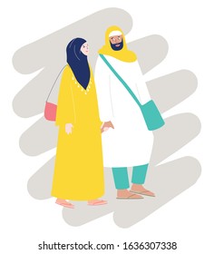 Muslim family, happy couple. Arab man and woman in islamic hijab clothing vector illustration.
