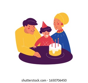 Muslim family, happy people with kids. Happy birthday cake. Arab or asian man and woman in islamic hijab clothing vector illustration.