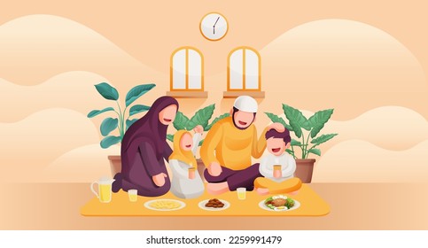 Muslim Family Having Iftar Children Happy to Complete Fasting and Appreciated by Parents in Ramadan Holy Month