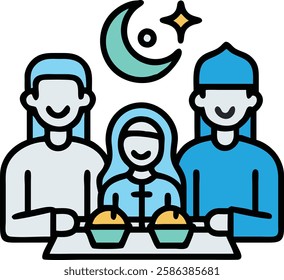 Muslim family having iftar together with lantern light during Ramadan night.