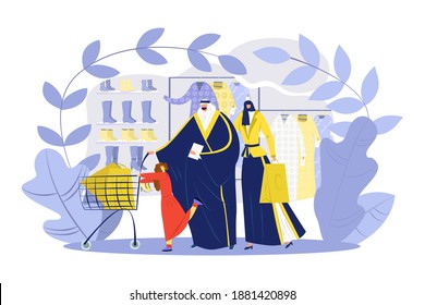 Muslim family in hijab shopping, vector illustration. Arabic people buy clothes in flat supermarket background design. Cartoon man woman character follow religion and national rules together.