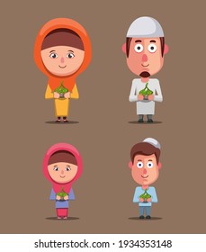 Muslim family holding ketupat. ramadan celebration in islam religion  concept in cartoon illustration vector