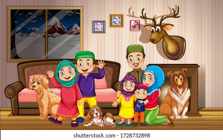 Muslim family in the house illustration