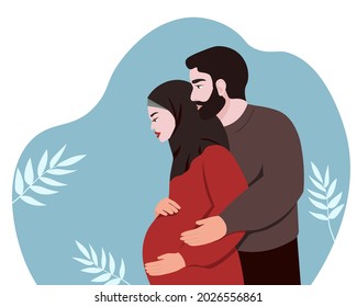 A Muslim family, a husband, a pregnant wife in a hijab. The concept of motherhood, peace, and love. have a happy future. Vector graphics.