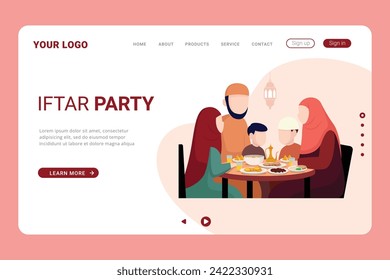 Muslim family Iftar eating After Fasting on Ramadan Kareem or celebrating Eid mubarak. Islamic illustration landing page template