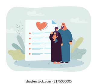 Muslim family with kid near huge marriage contract. Happy mother, father and son hugging flat vector illustration. Love, happiness, agreement concept for banner, website design or landing web page