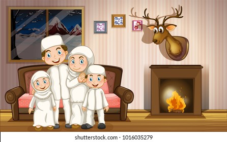 Muslim family in living room with fireplace illustration