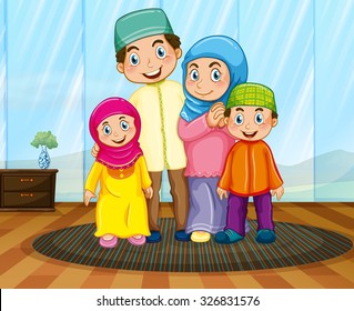 Muslim family in the living room illustration