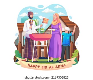 Muslim family making and grilling satay of sacrificial animal meat on the grill to celebrate Eid al-Adha. Vector illustration in flat style