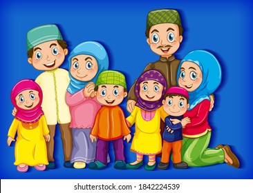 Muslim family member on cartoon character colour gradient background illustration