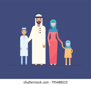 Muslim family - modern flat design style illustration isolated on blue background. Cartoon characters, mother, father with son and daughter standing together, wearing traditional clothes, veil