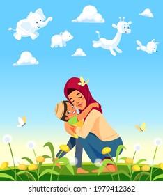 Muslim family, Mother Hugging Her Son in childish wonderland with funny different clouds animal shapes with elephant, bear, giraffe, and fox. Happy Children's Day. Cartoon vector illustration.