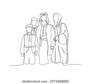 Muslim family in national dress. Dad, mom and children, Arabs one line art. Continuous line drawing of online Muslims, Islam, traditions, clothing, folk, oriental.