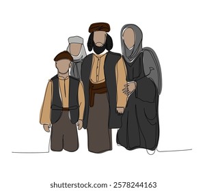 Muslim family in national dress. Dad, mom and children, Arabs one color line art. Continuous line drawing of online Muslims, Islam, traditions, clothing, folk, oriental.