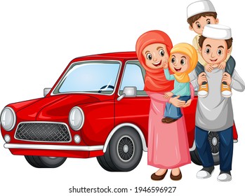 Muslim family next to the car illustration