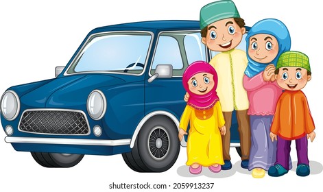 Muslim family next to the car illustration