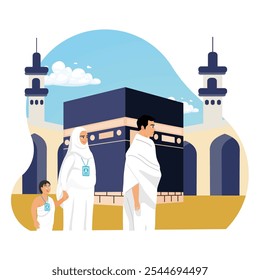 La familia musulmana realiza el peregrinaje Hajj. Los peregrinos realizan tawaf, rodeando la Kaaba siete veces. Concepto de peregrinación islámica Hajj. Ilustración vectorial plana.