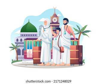 A Muslim Family pilgrim wearing ihram clothes with a suitcase just arrived in mecca to perform Hajj or umrah Pilgrimage. Vector illustration in flat style