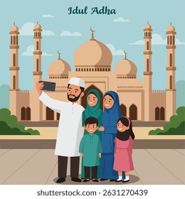 A Muslim family poses for a selfie in front of a mosque, celebrating Eid al-Adha.