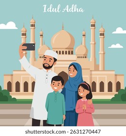 A Muslim family poses for a selfie in front of a mosque, celebrating Eid al-Adha.