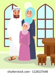 Muslim family posing in traditional house in Arabic style vector Illustration