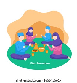 Muslim family praying to Allah together during iftar eat time for break fasting vector flat illustration. Islam ramadan activity character concept poster background design.