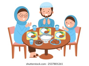 Muslim family praying before eat and gathering at dining table