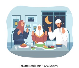 Muslim family praying before having iftar. Ramadan kareem flat cartoon character illustration