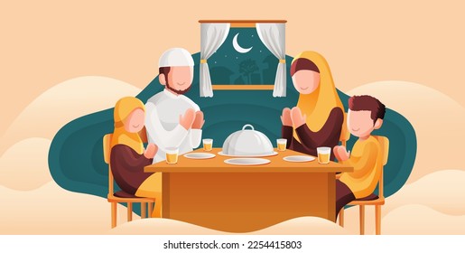 Muslim family Praying Before having Iftar or Suhoor Ramadan kareem cartoon illustration