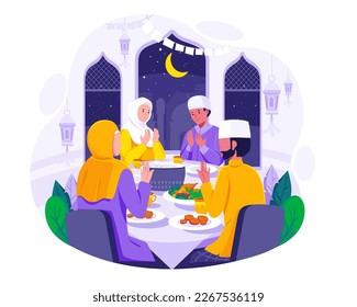 Una familia musulmana rezando antes de tener iftar para romper el ayuno durante el Ramadán. La comida y las fechas en la mesa. Ilustración conceptual de Ramadán