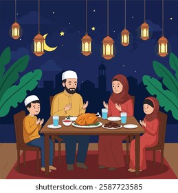 A Muslim Family praying before having iftar to break fasting during Ramadan. Food and dates on the table. Ramadan concept illustration


