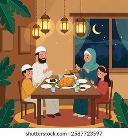 A Muslim Family praying before having iftar to break fasting during Ramadan. Food and dates on the table. Ramadan concept illustration

