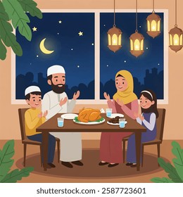 A Muslim Family praying before having iftar to break fasting during Ramadan. Food and dates on the table. Ramadan concept illustration

