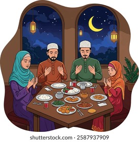 A Muslim Family praying before having iftar to break fasting during Ramadan. Food and dates on the table. Ramadan concept illustration
