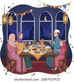 A Muslim Family praying before having iftar to break fasting during Ramadan. Food and dates on the table. Ramadan concept illustration
