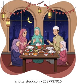 A Muslim Family praying before having iftar to break fasting during Ramadan. Food and dates on the table. Ramadan concept illustration
