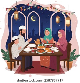A Muslim Family praying before having iftar to break fasting during Ramadan. Food and dates on the table. Ramadan concept illustration
