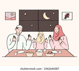 Muslim family praying before iftar or break the fast. Ramadan kareem hand drawn style illustration concept.