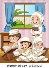 Muslim Family Praying In The House Illustration