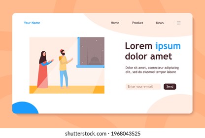 Muslim family praying at night together. Namaz, Islam, mosque flat vector illustration. Religion and faith concept for banner, website design or landing web page
