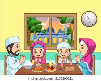 Muslim family praying together before Iftar