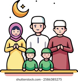 Muslim family praying together during Ramadan, under crescent moon symbolizing devotion.