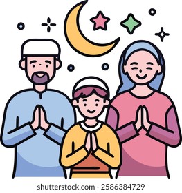 Muslim family praying together with gratitude during Ramadan under crescent moon.