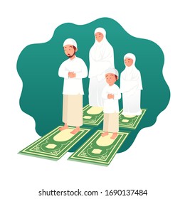 Muslim family praying together. ramadan concept illustration