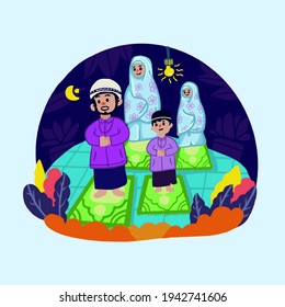 Muslim Family Praying Together. Ramadan Concept Illustration