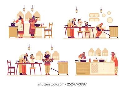 A família muçulmana prepara um jantar festivo juntos na cozinha. Pai, mãe, crianças distribuem massa, cortam comida, fazem bolos. Roupas tradicionais, hijab. Conceito de família e harmonia. Ilustração vetorial.