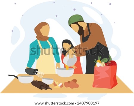 Muslim Family Preparing Iftar meal together at home concept,   Suhoor morning Food vector design, Ramadan and Eid al-Fitr Symbol Islamic and fasting Sign, Arabic holiday celebration stock illustration 商業照片 © 